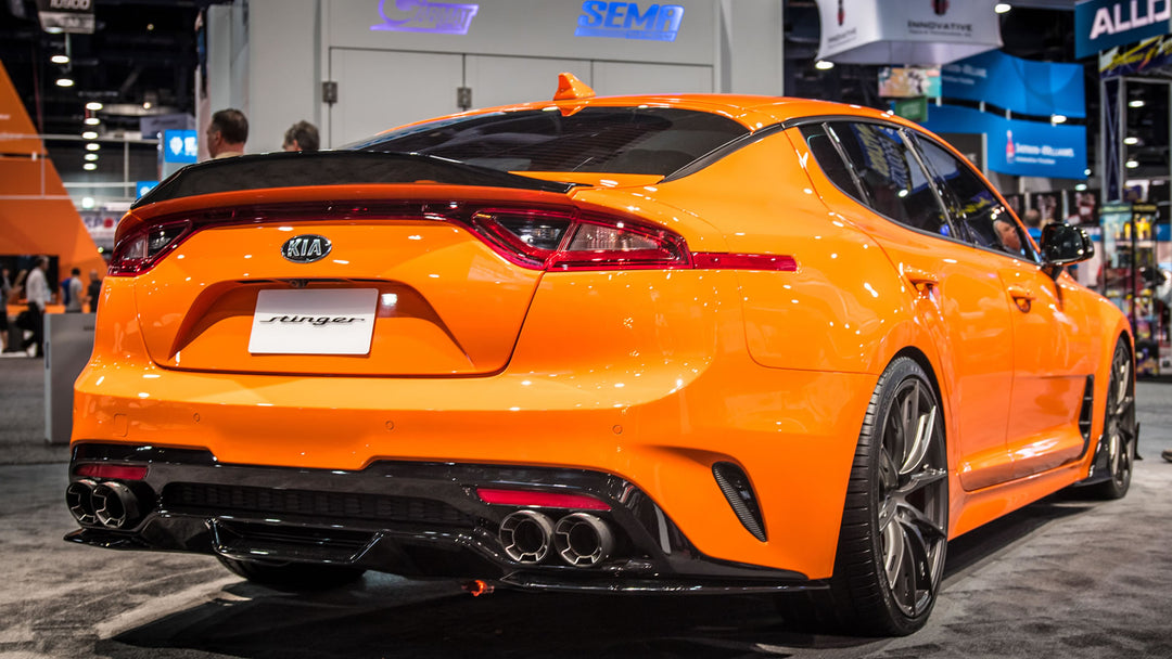 Borla carbon fibre exhaust tip kit for the Kia Stinger (CK) - fitted to the car