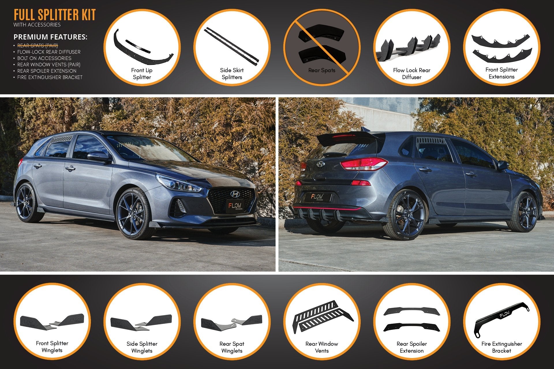 i30 Hatch PD1, PD2 2018-2020 Full Lip Splitter Set with Flow-Lock Rear Diffuser (GLOSS BLACK)