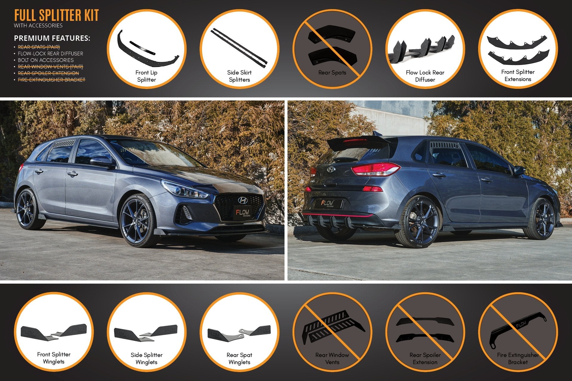 i30 Hatch PD1, PD2 2018-2020 Full Lip Splitter Set with Flow-Lock Rear Diffuser (GLOSS BLACK)