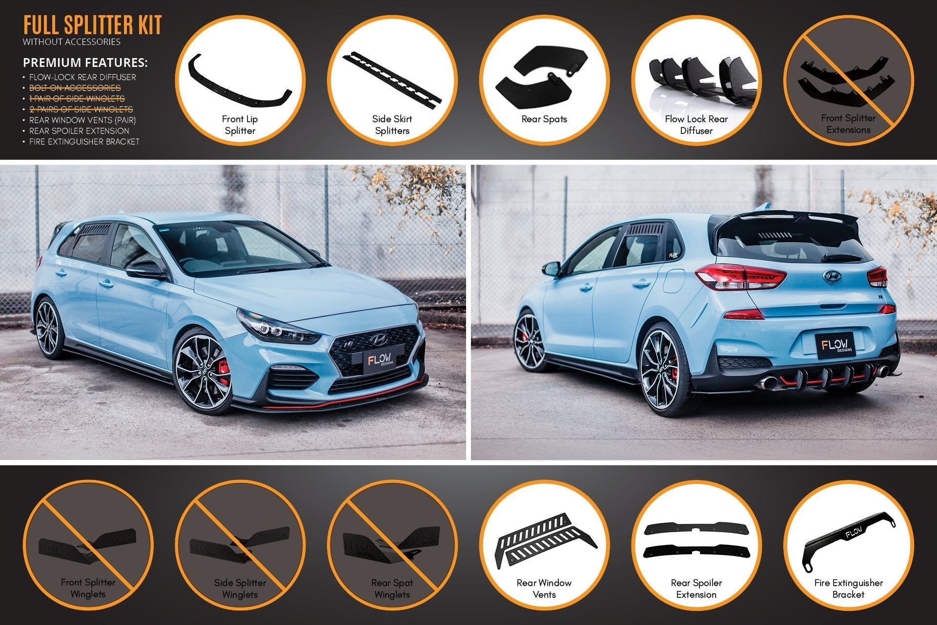 i30N Hatch PD (2018-2020) Full Lip Splitter Set (GLOSS BLACK)